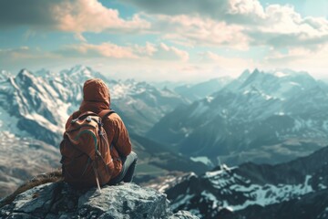 An adventurous traveler enjoys a moment of tranquility, seated on a mountain ledge, gazing out at the expansive mountain range, with ample space for custom text or branding.