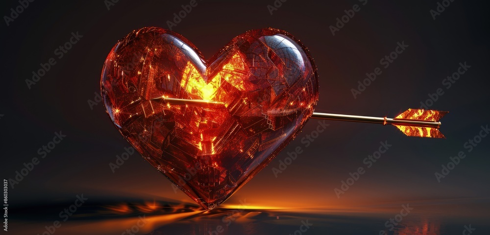 Poster a sophisticated 3d rendering of a love heart with an arrow, with a complex interplay of light and sh
