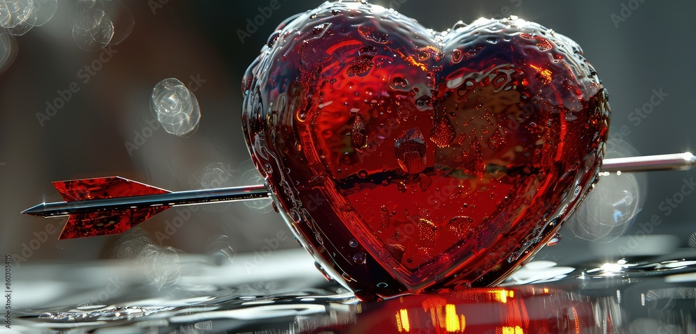 Poster a sophisticated 3d rendering of a love heart with an arrow, with a complex interplay of light and sh