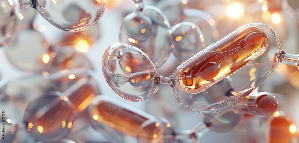 Poster a sophisticated 3d rendering of medical capsules interacting with transparent cells, with a complex 
