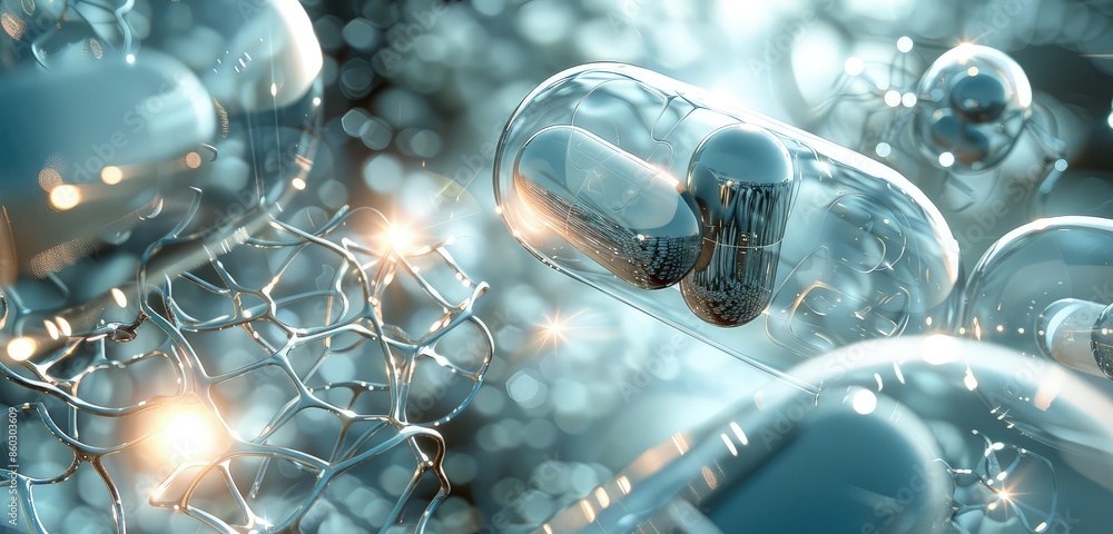 Poster a sophisticated 3d rendering of medical capsules interacting with transparent cells, showcasing eleg