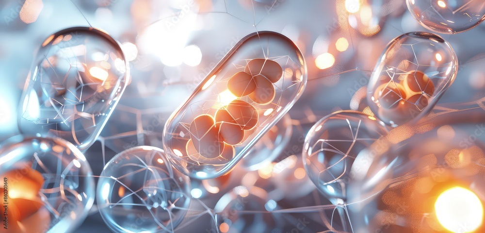 Poster a sophisticated 3d rendering of medical capsules interacting with transparent cells, showcasing eleg