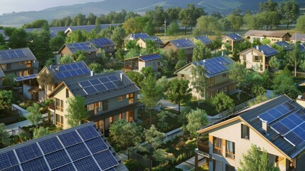 Fototapeta premium Sustainable Rural Community with Solar-Powered Homes Nestled in a Lush, Natural Setting