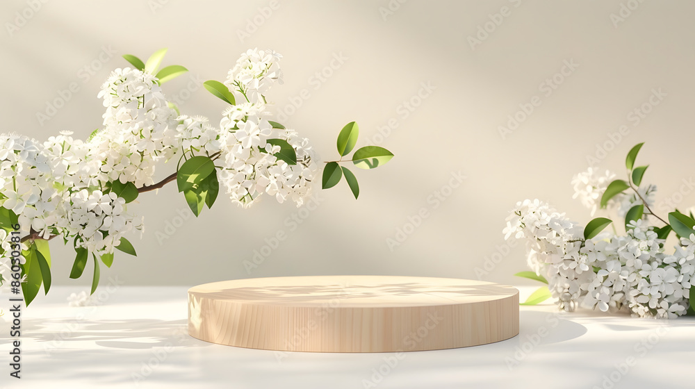 Poster geometric empty podium wooden platform stand for product presentation and spring flowering tree bran