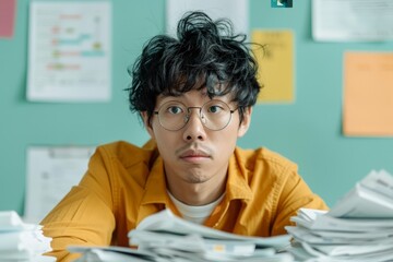 Portrait of Financial Anxiety: Stressed Person Drowning in Unpaid Bills and Documents