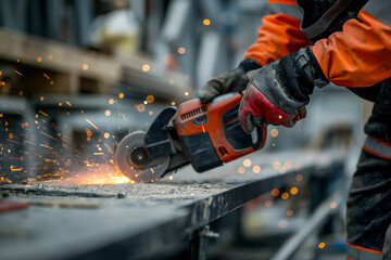 Construction Worker Using Grinder on Metal Beam