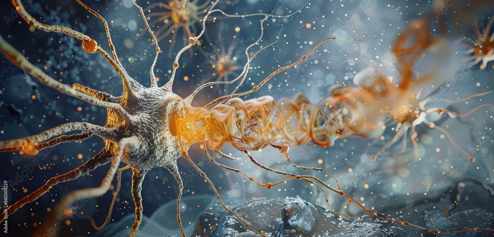 Poster a sophisticated 3d rendering of a nerve cell, emphasizing its complex structure and neural connectio