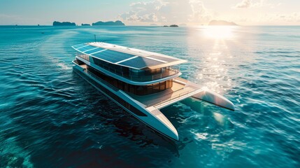 Luxurious Solar-Powered Yacht Sailing in Bright Sunshine, Modern Sustainable Design on Clear Blue...