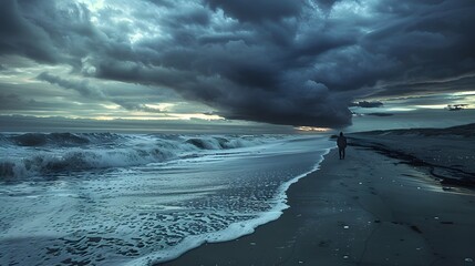 Person Standing on Deserted Beach at Dusk with Cloudy Sky