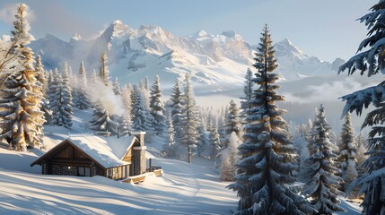 Picturesque Snow-Covered Mountain Chalet with Ski Tracks