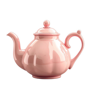 Pink ceramic teapot with lid and curved handle isolated on transparent background