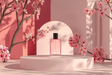 Perfume Bottle on a Pink Pedestal Surrounded by Cherry Blossoms
