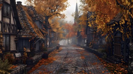 Fototapeta premium Picturesque Autumn Village with Cobblestone Streets