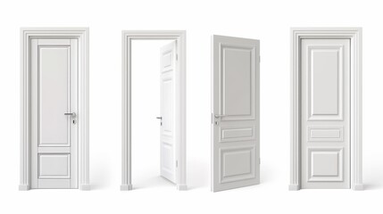 Four White Doors in a Row Against a White Background