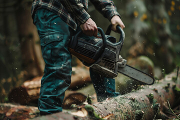 Man Operating Chainsaw Cutting Log in Forest