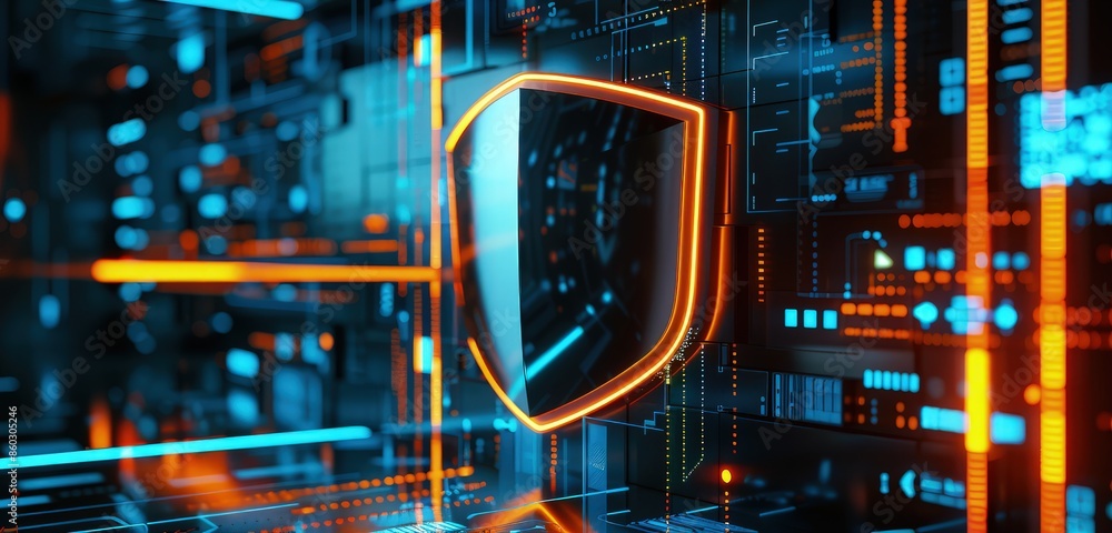 Poster a sophisticated 3d rendering of a safety shield against a technology-themed backdrop, highlighting t