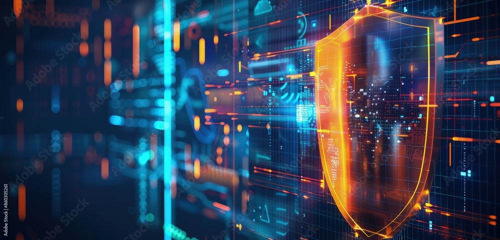 Poster a sophisticated 3d rendering of a safety shield against a technology-themed backdrop, highlighting t