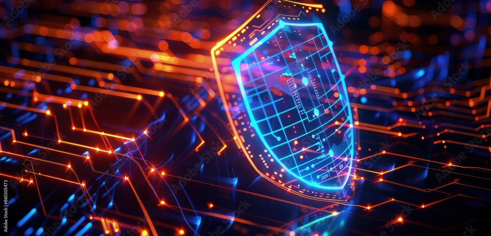 Poster a sophisticated 3d rendering of a safety shield with a high-tech digital backdrop, featuring glowing