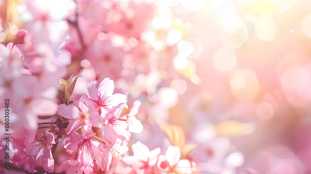 Aufkleber horizontal banner with sakura flowers of pink color on sunny backdrop beautiful nature spring backgr
