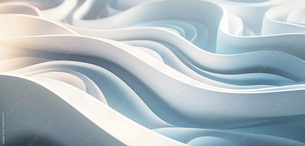 Poster a sophisticated 3d rendering of a wave pattern paper cut background, with a complex interplay of lig