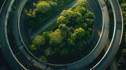 Highway overpass blending into a picturesque urban park, seen from the air