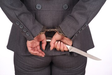 Frau im Anzug in Handschellen und hat Messer in der Hand