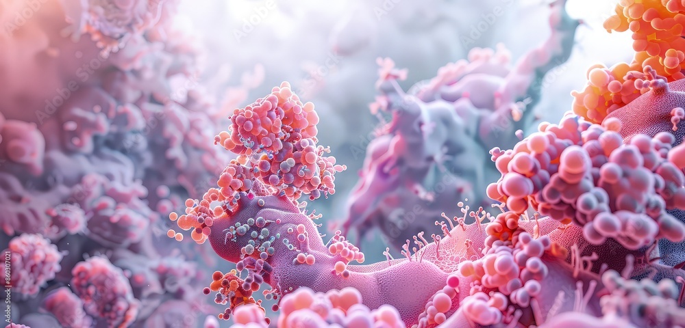 Poster a stunning 3d rendering of a cell membrane, featuring detailed structures of integral and peripheral