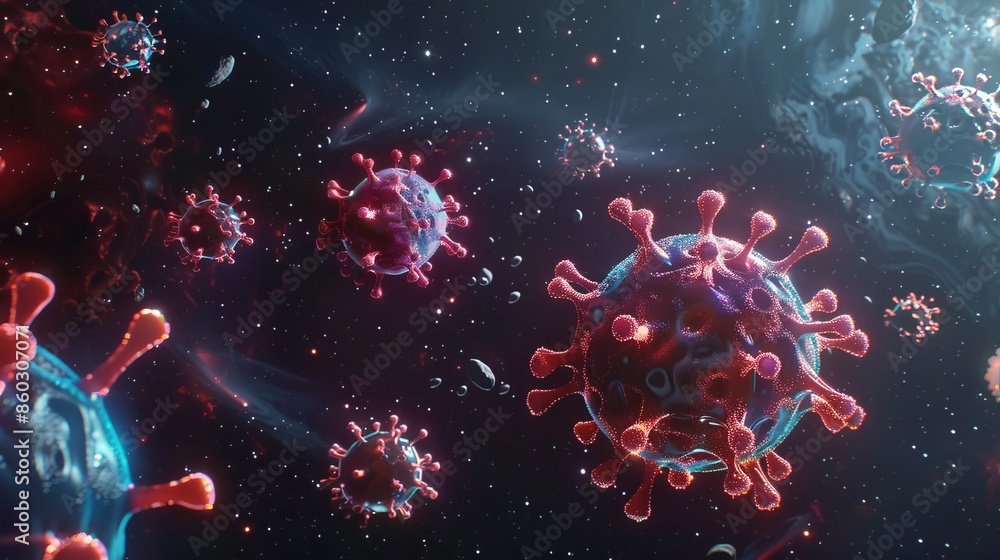 Aufkleber conceptual 3d illustration of viruses floating in space. bright red virus structures with spikes are
