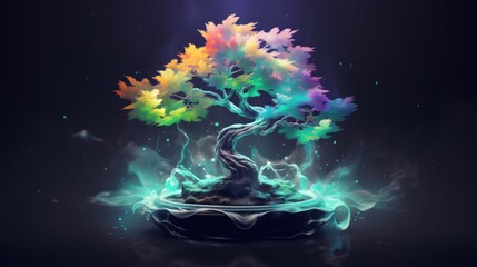 Colorful bonsai tree with vibrant glowing leaves and magical aura on dark background, creating a mesmerizing and surreal visual effect.