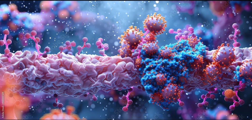 Poster a stunning 3d rendering of a cell membrane, featuring detailed structures of integral and peripheral