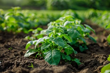 Obraz premium Lush Organic Potato Farm in Picturesque Countryside with Rich Dark Soil and Green Plants