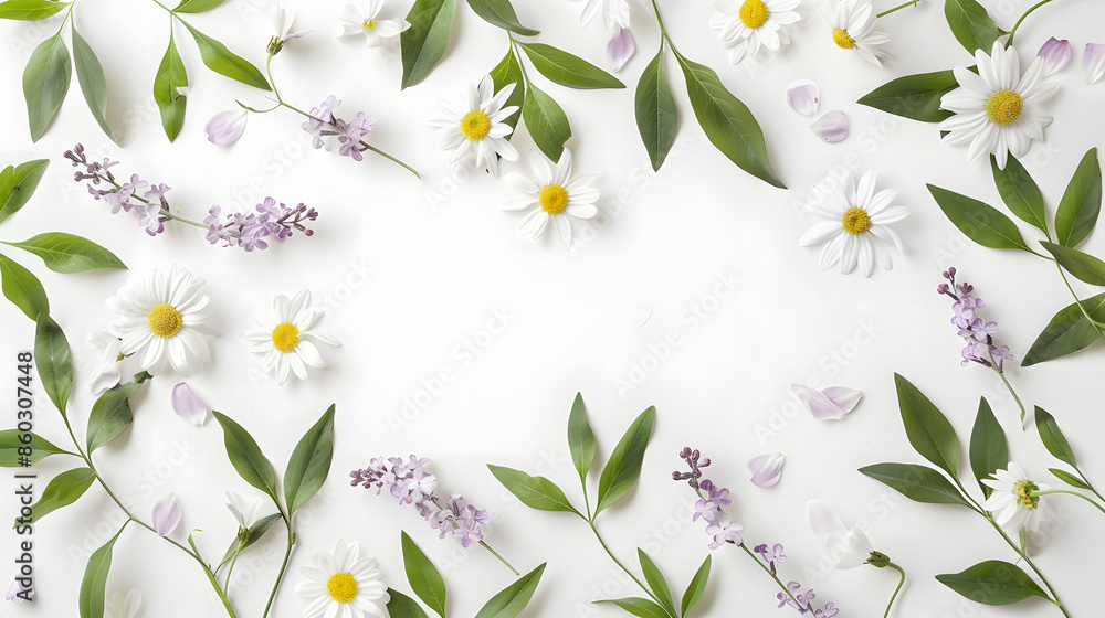 Poster frame of chamomiles branches leaves and lilac petals on white background flat lay top view : generat