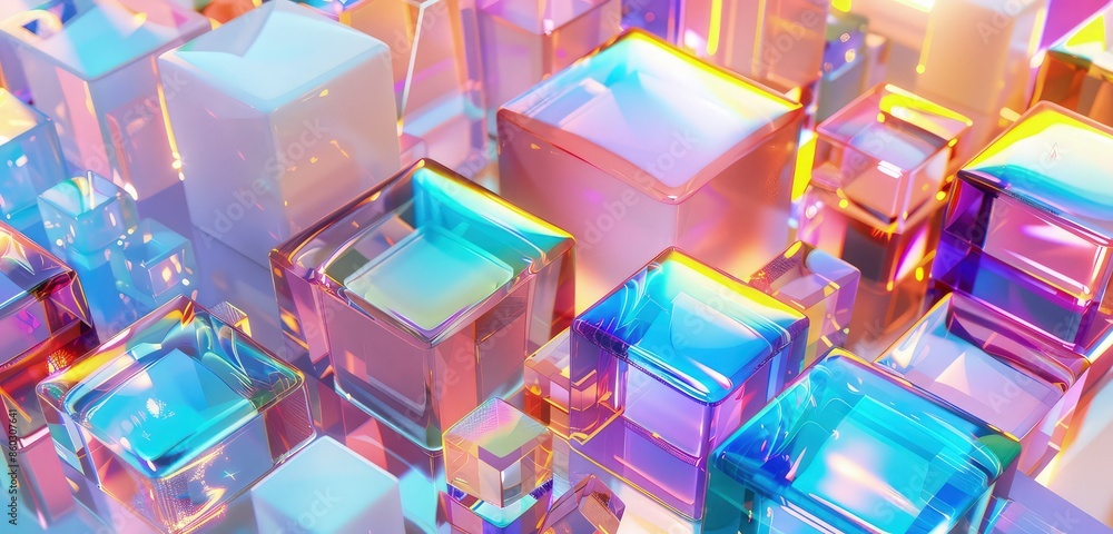 Poster a stunning 3d rendering of gradient glasses and cubes, arranged in a harmonious composition with vib