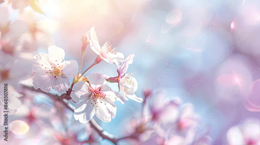 Poster Branches of blossoming cherry macro with soft focus on gentle light blue sky background in sunlight with copy space Beautiful floral image of spring nature panoramic view : Generative AI