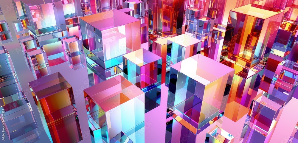 Poster a stunning 3d rendering of gradient glasses and cubes, arranged in a harmonious composition with vib