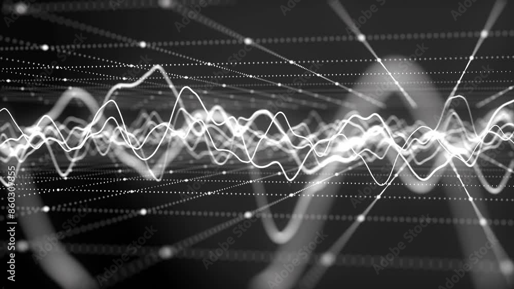 Poster wave of particles. futuristic pattern of dots and lines on a dark background. visualization of sound