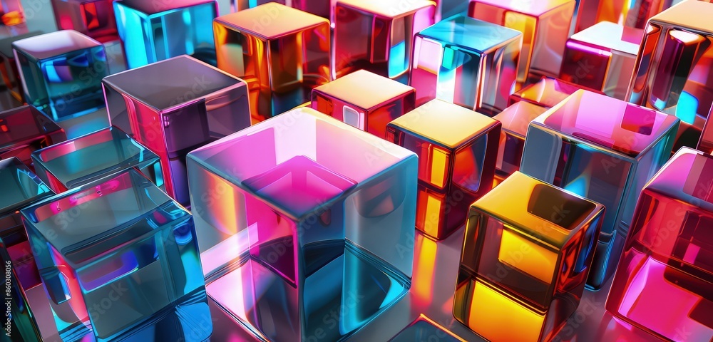 Poster a stunning 3d rendering of gradient glasses and cubes, arranged in a harmonious composition with vib
