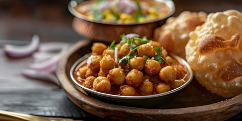 Obraz premium Delicious Indian Chole Bhature Spicy Chickpeas and Fried Bread. Concept Indian Cuisine, Chole Bhature, Spicy Recipes, Street Food, Delicious Fried Bread