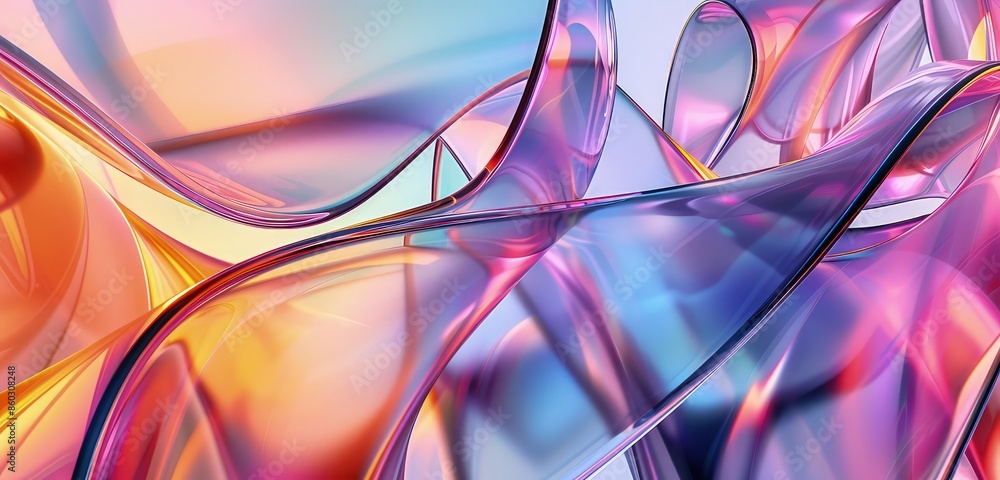 Poster a stunning 3d rendering of gradient transparent curved glass, with fluid shapes and vibrant color gr