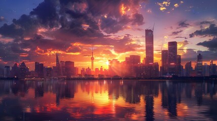 Stunning Urban Skyline at Sunset with Reflective Skyscrapers