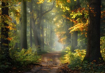 Naklejka premium Tranquil Path in Dense Autumn Forest with Tall Trees and Sunlight