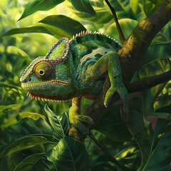 Chameleon blending into a leafy background