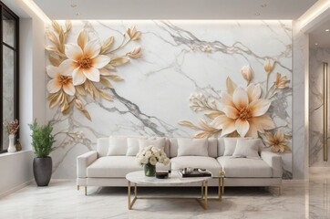 Modern living room featuring white couch and coffee table with marble wall showcasing 3d floral design