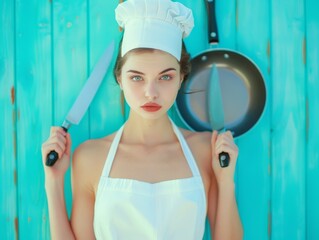 Medium shot of A beautiful young woman in a white apron and chef's hat holding a pan with a sharp knife, themed background, bright tonality, in the style of fashion photography