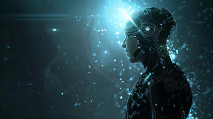 Obraz premium A silhouette of a futuristic figure, adorned with intricate glowing circuits, stands in a luminescent galaxy, symbolizing human-technology integration.