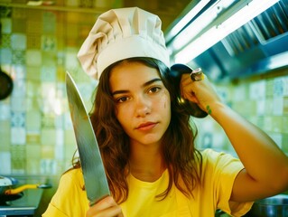 Medium shot of A beautiful young woman in a white apron and chef's hat holding a pan with a sharp knife, themed background, bright tonality, in the style of fashion photography