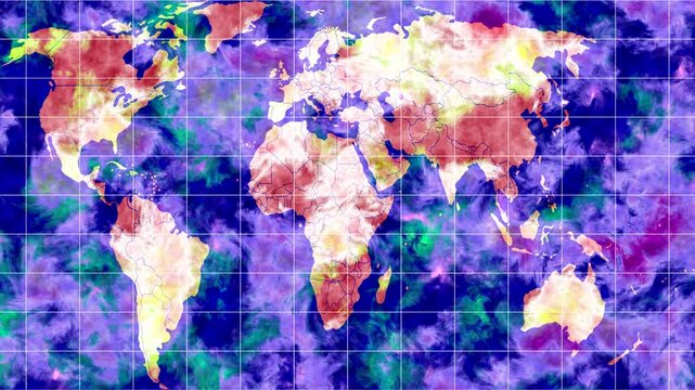 World map with global temperature changes. Global warming concept. Map of temperature and weather in different regions of the earth. Tropical cyclones, strong hurricanes, intense precipitation. Abstra