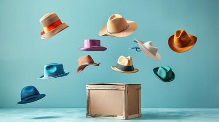 a box with hats flying out of it