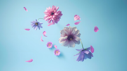 Obraz premium Flowers levitating on a pastel blue background Colorful pink and purple trendy summer flowers flying Surreal aesthetic nature spring concept : Generative AI