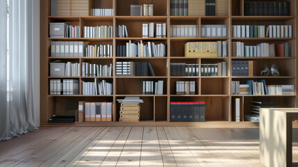 Crafted wooden bookshelves house an orderly collection of books, binders, and boxes in a bright room filled with natural light.